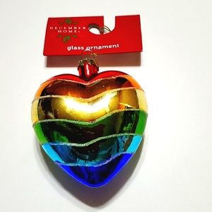 Rainbow Heart Bauble Glass Trimmed in Gold Christmas Ornament